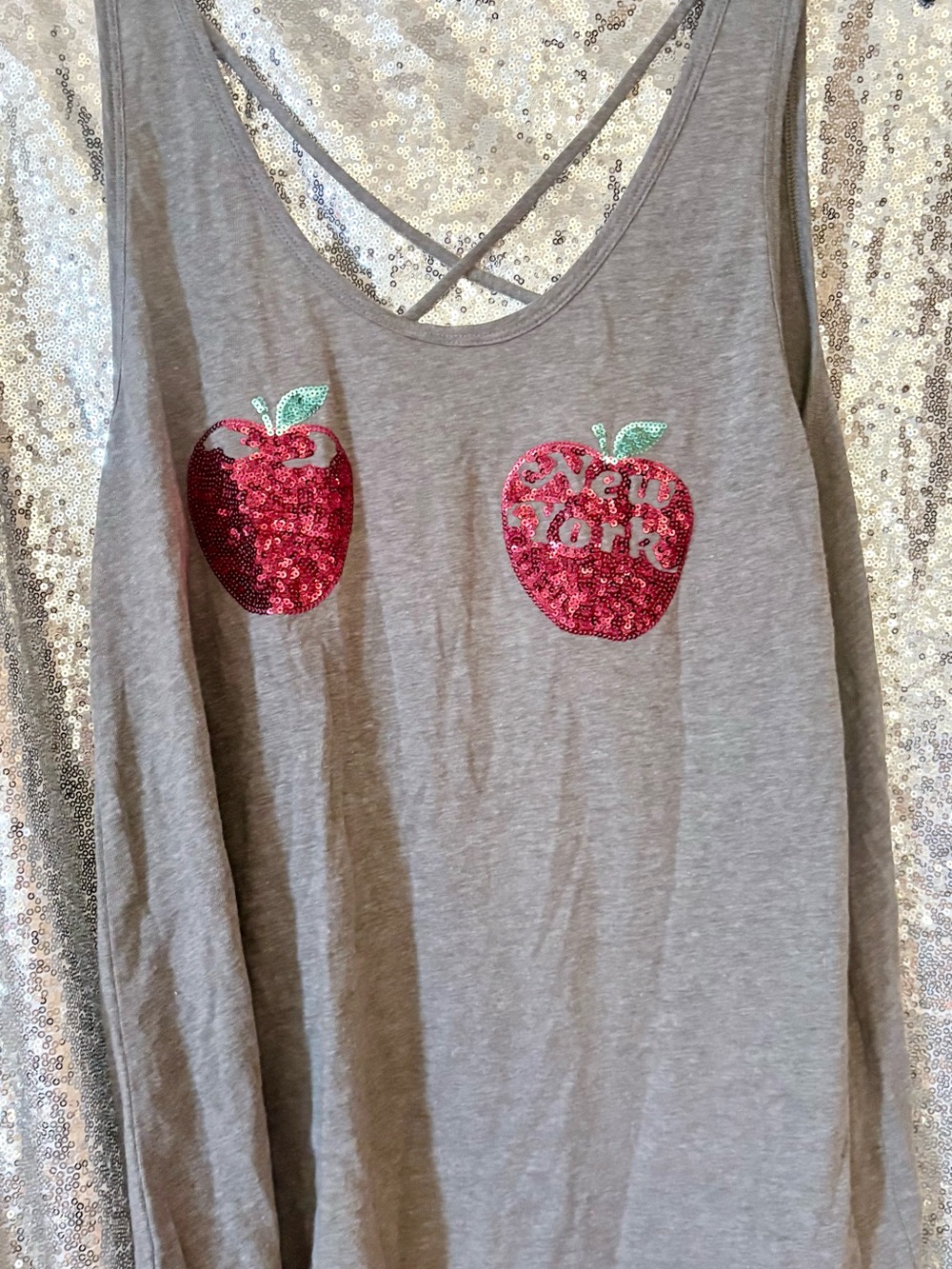 PINK Victoria's Secret Grey Tank with Pink Sequin Apple Motifs